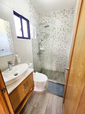 Shower, hair dryer, towels, soap