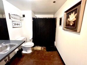 Hair dryer, towels, soap, toilet paper