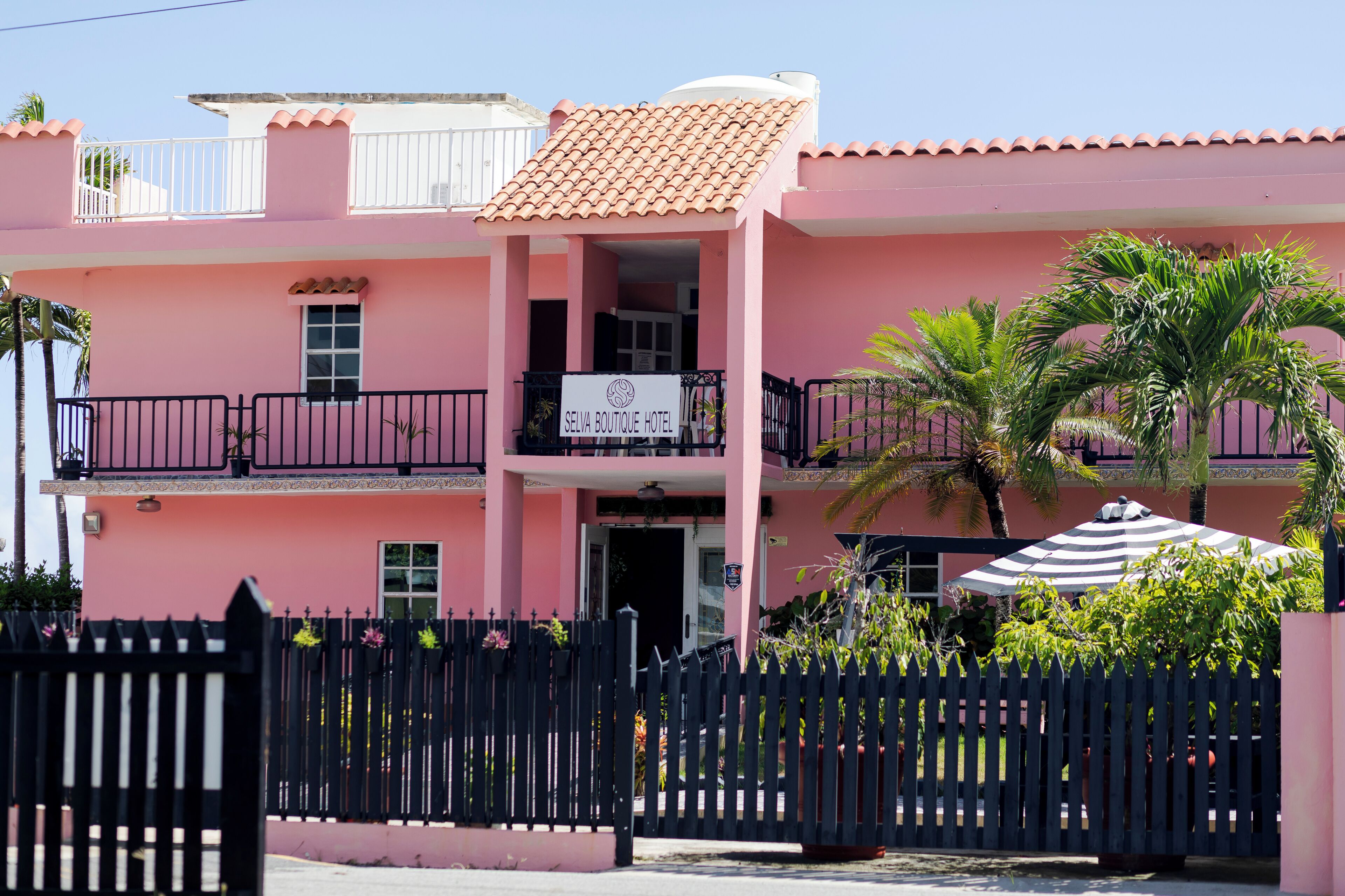 A pink building with a sign reading 'Selva Boutique Hotel,' a black fence, and a palm tree.