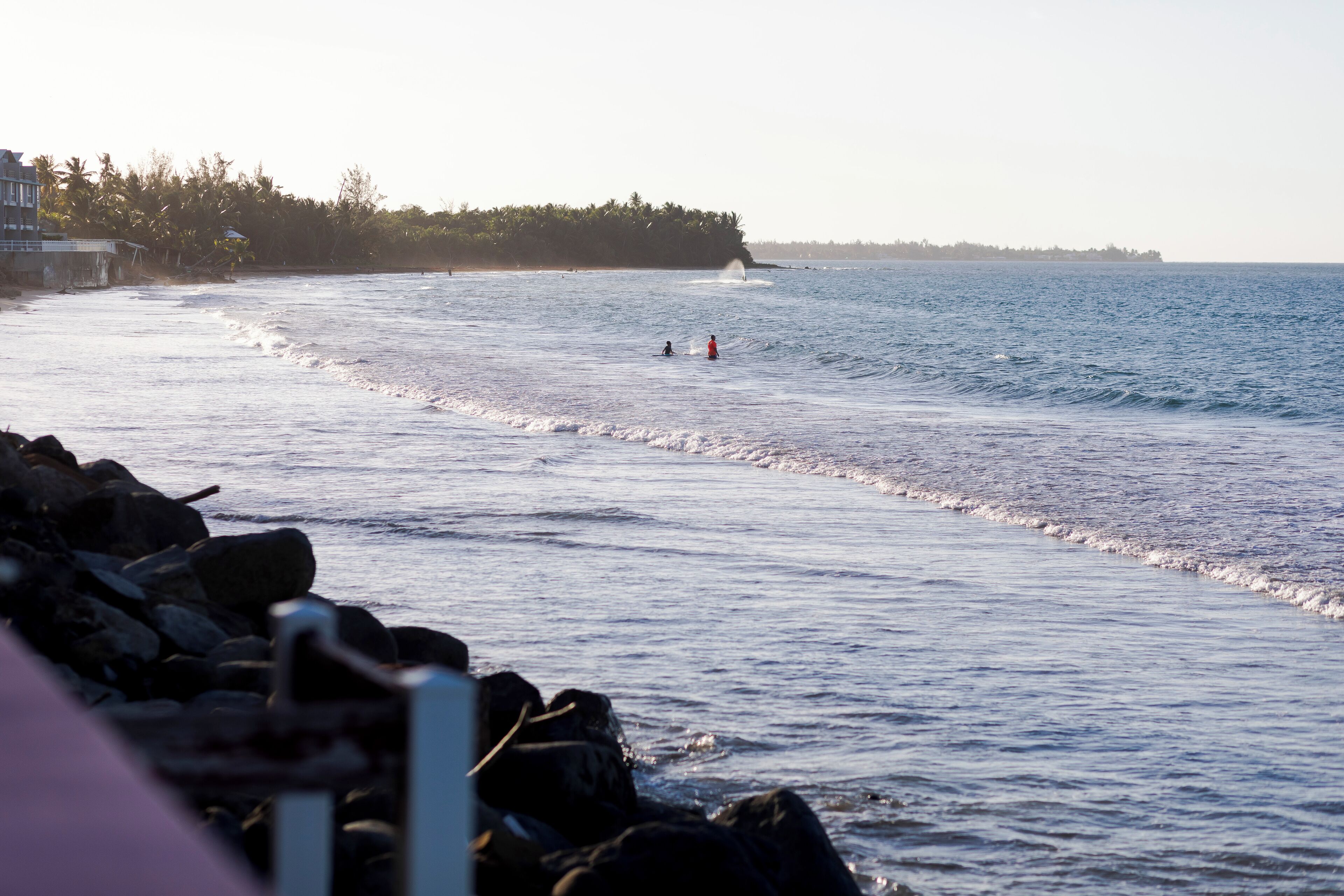 A beach with rocky shoreline, calm water, and a distant tree-covered island.