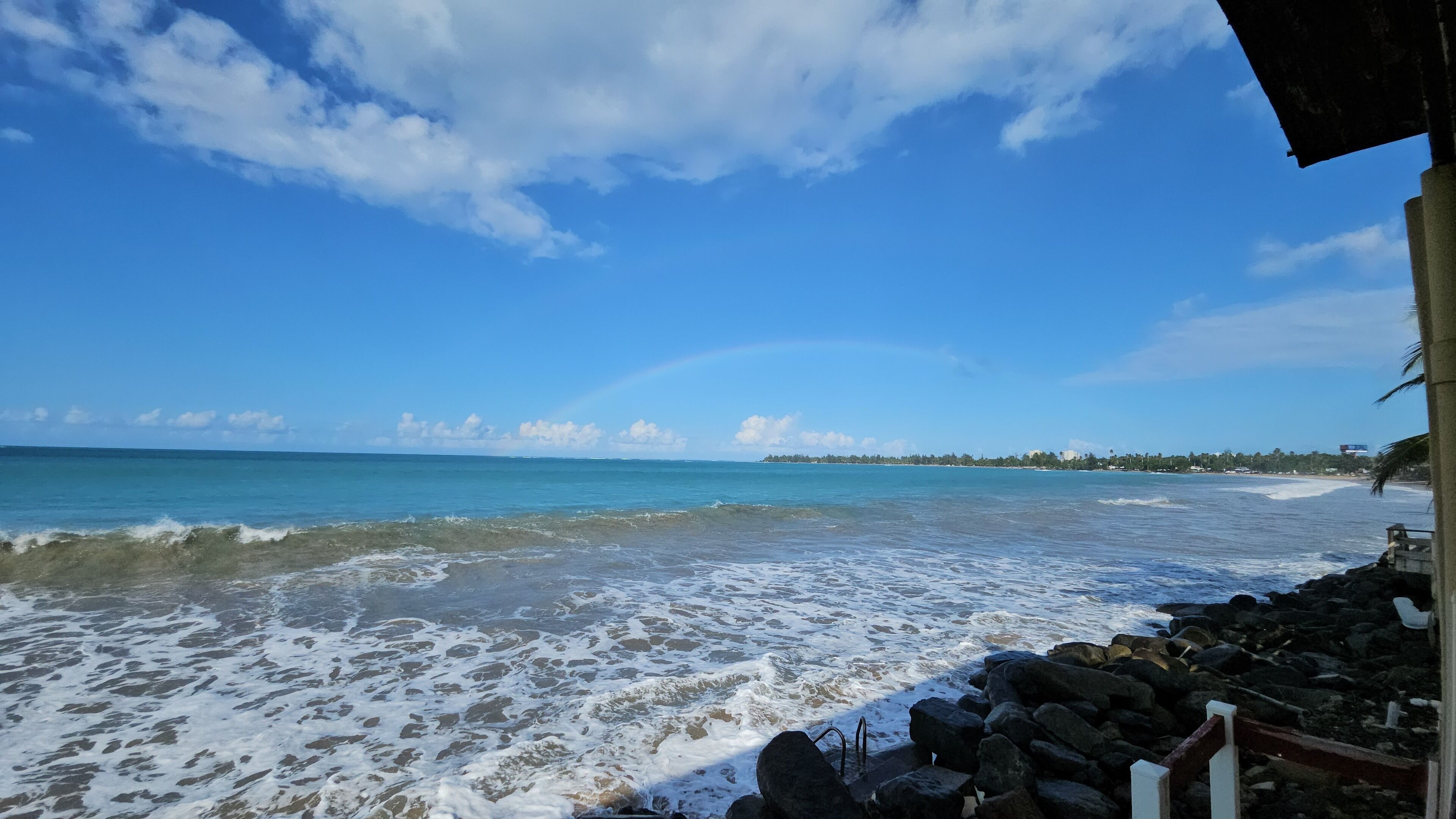 A beach with waves, a clear sky, and a distant island.