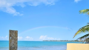 Blick auf einen Strand mit blauem Himmel, einem Regenbogen und einer Palme.