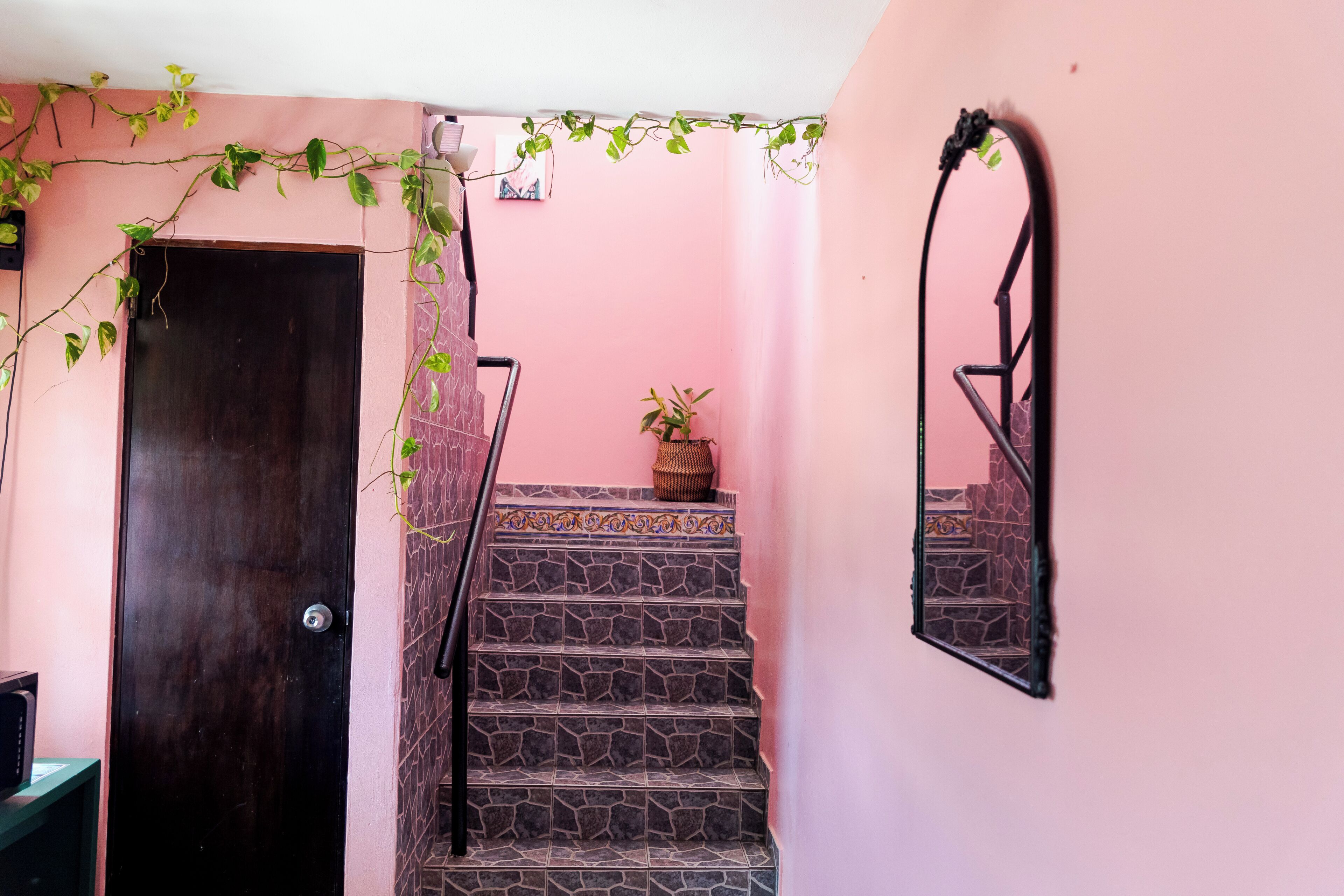 A staircase with patterned tiles, a dark wooden door, and a pink wall.
