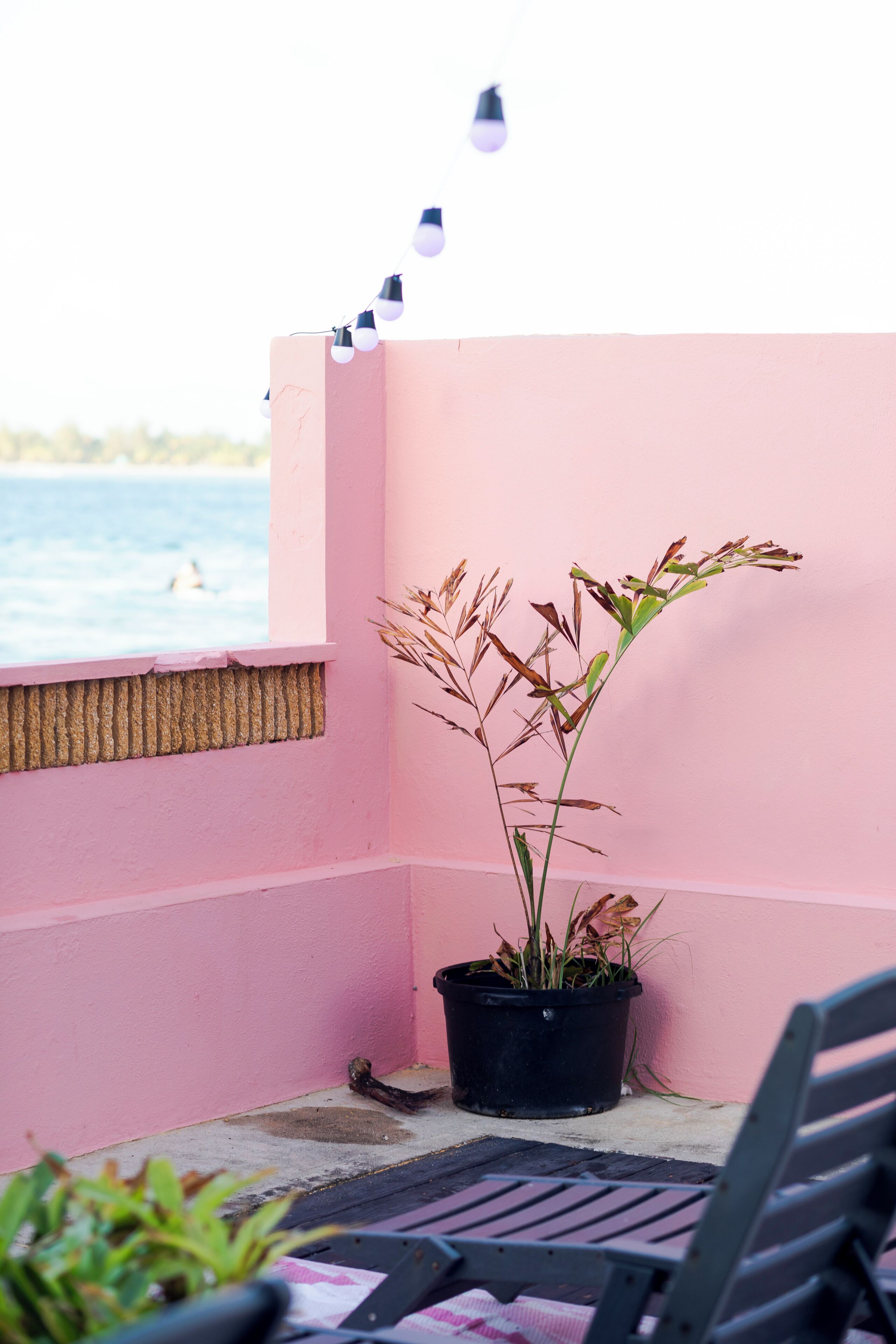 A balcony with a potted plant, a chair, and a view of the sea.