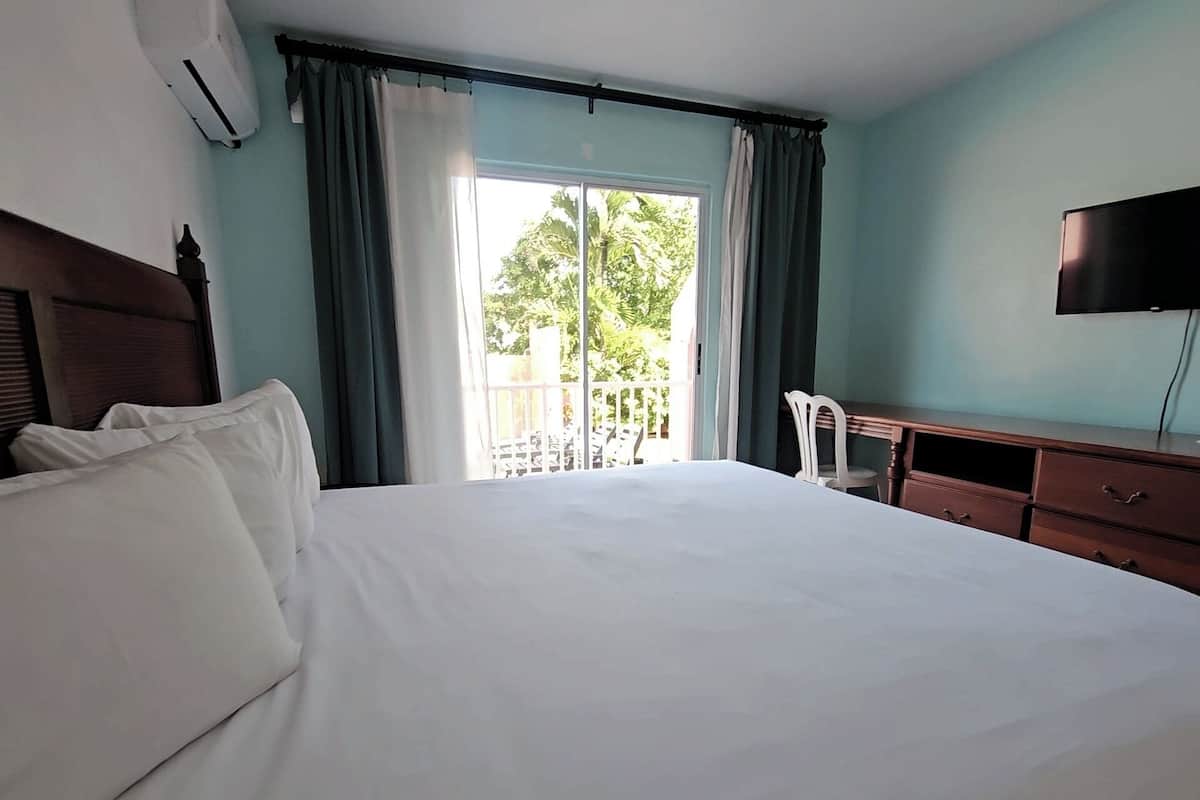 A hotel room with a large bed, a desk, a chair, and a TV.