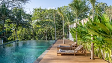 Outdoor pool, pool umbrellas, pool loungers
