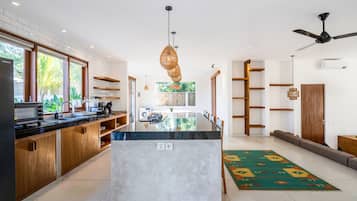 Luxury Villa | Private kitchen | Fridge, microwave, stovetop, electric kettle