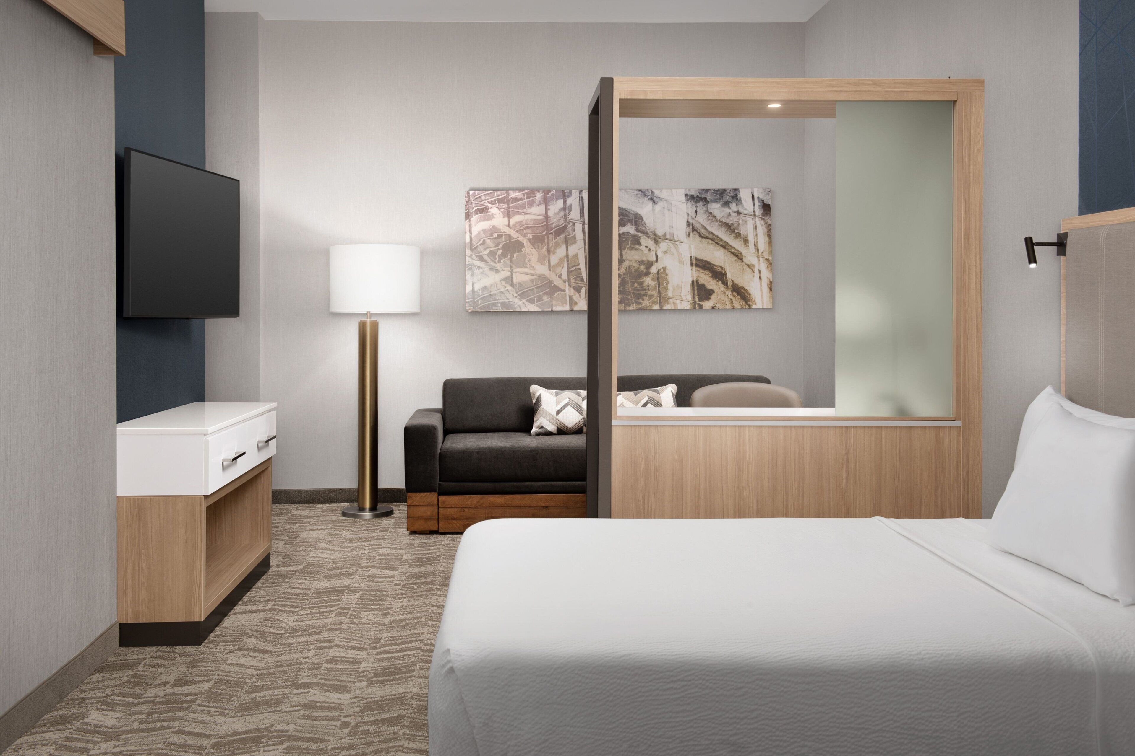 A hotel room with a bed, a desk with a flat-screen TV, a sofa, a lamp, and artwork on the wall.