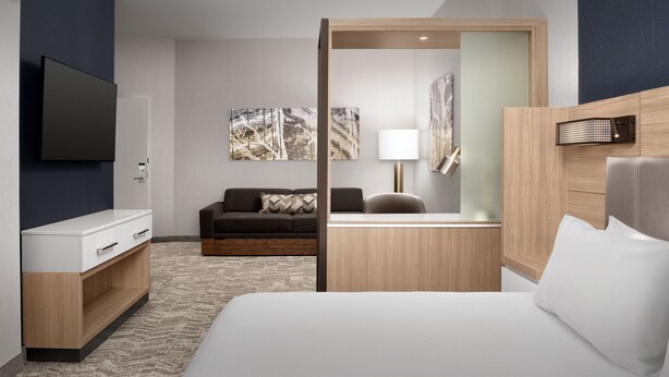 Een moderne hotelkamer met een groot bed, een flatscreen televisie aan de muur, een bank, een bureau en een spiegel.