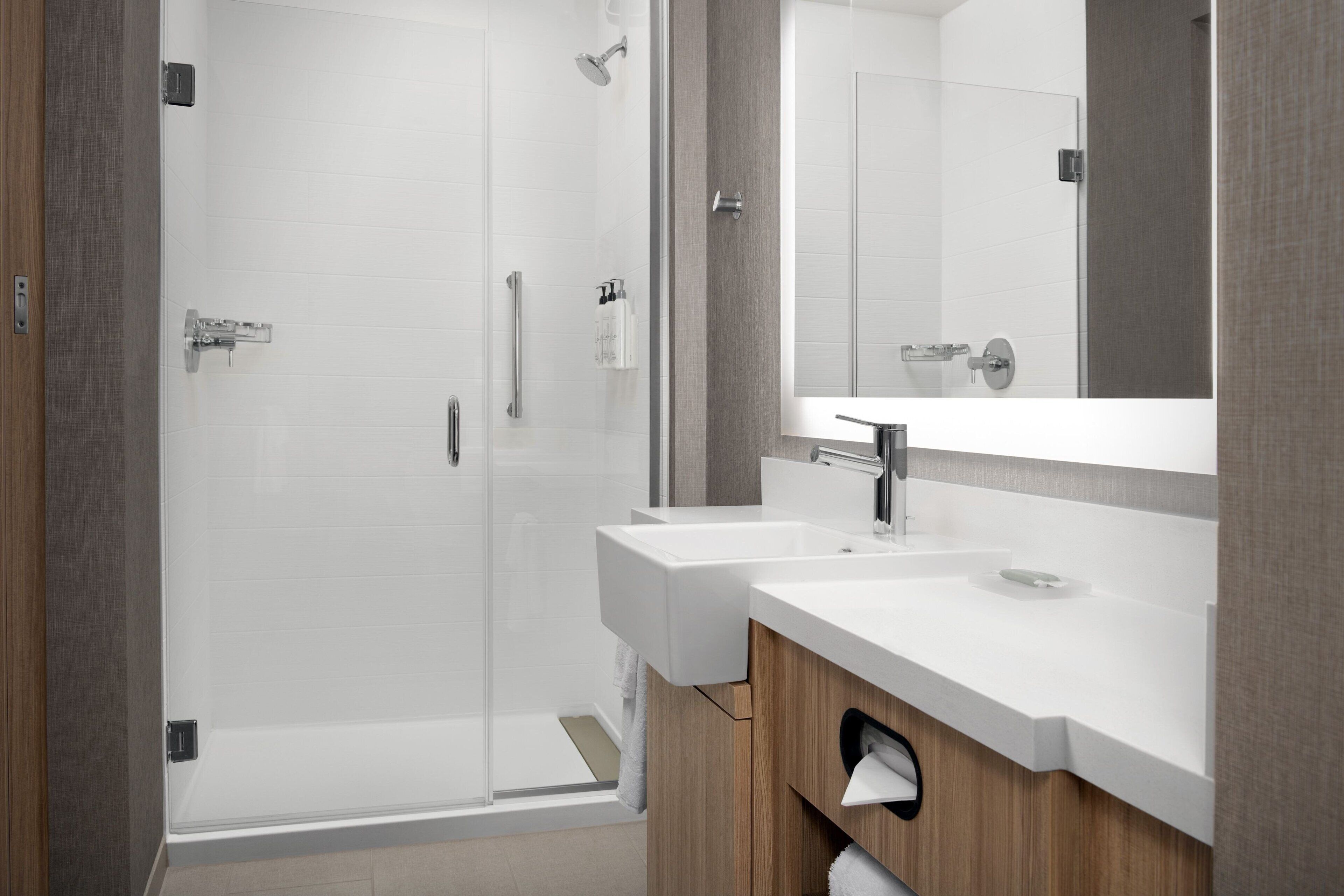 A modern bathroom with a glass shower enclosure, a white sink, and a large mirror.