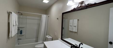 A bathroom with a white sink, a mirror, a shower, and a toilet.