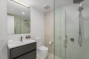 Shower, hair dryer, towels