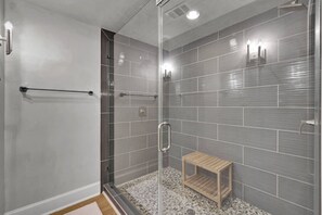 Shower, hair dryer, towels, soap - Pool & Spa | Lux Waterfront Home | 2 Primary Suites, 4 BR, Boat Dock & Views (Montgomery)