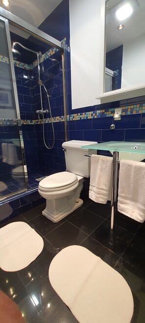 Shower, eco-friendly toiletries, hair dryer, towels