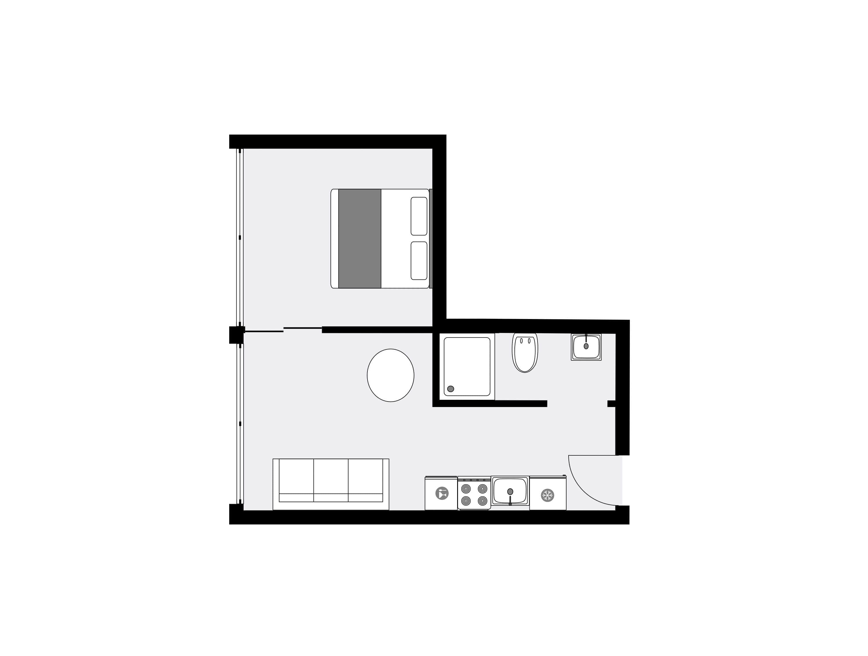 Plano de una habitación de hotel con cama, kitchenette pequeño, baño y zona de estar.