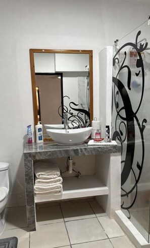 Regadera, secadora de cabello, toallas, jabón