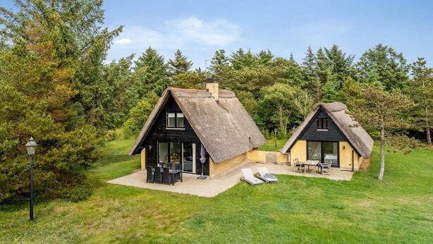 Duas casas de campo com telhados de palha e áreas de estar ao ar livre, cercadas por árvores.
