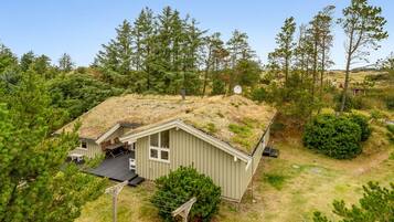 Une maison de plain-pied, dotée d’un toit en pente, entourée d’une forêt dense.