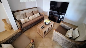 Un salon comprenant un canapé, un téléviseur, une table basse et des objets de décoration.