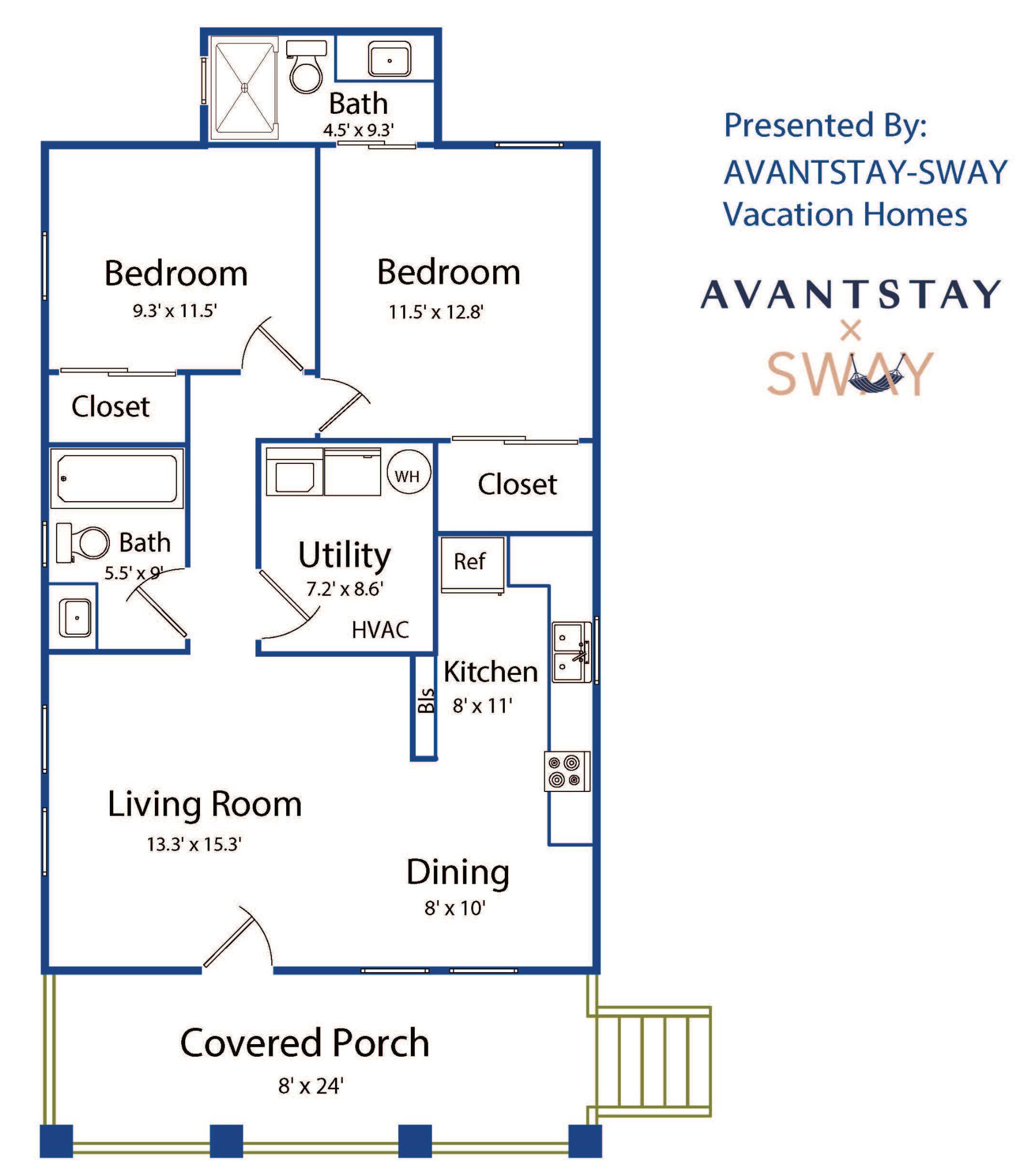 A floor plan of a vacation home with two bedrooms, a living room, a dining area, a kitchen, a bathroom, a utility room, and a covered porch.
