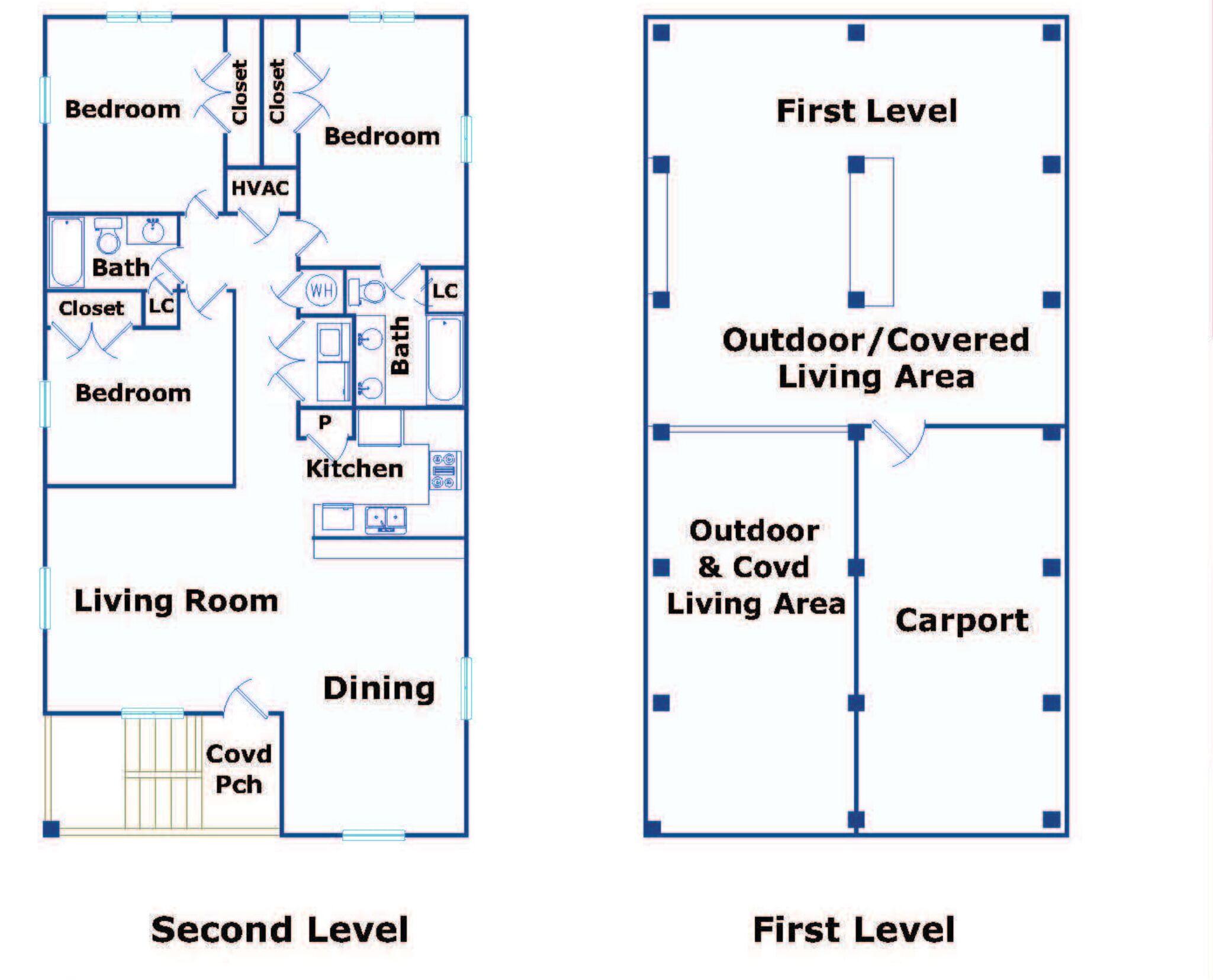 Il s’agit d’un plan d’étage à deux niveaux. Le deuxième niveau comprend des chambres, une salle de bain, une cuisine, un salon et un coin repas. Le premier niveau comprend un espace de vie extérieur/couvert et un abri pour voiture.