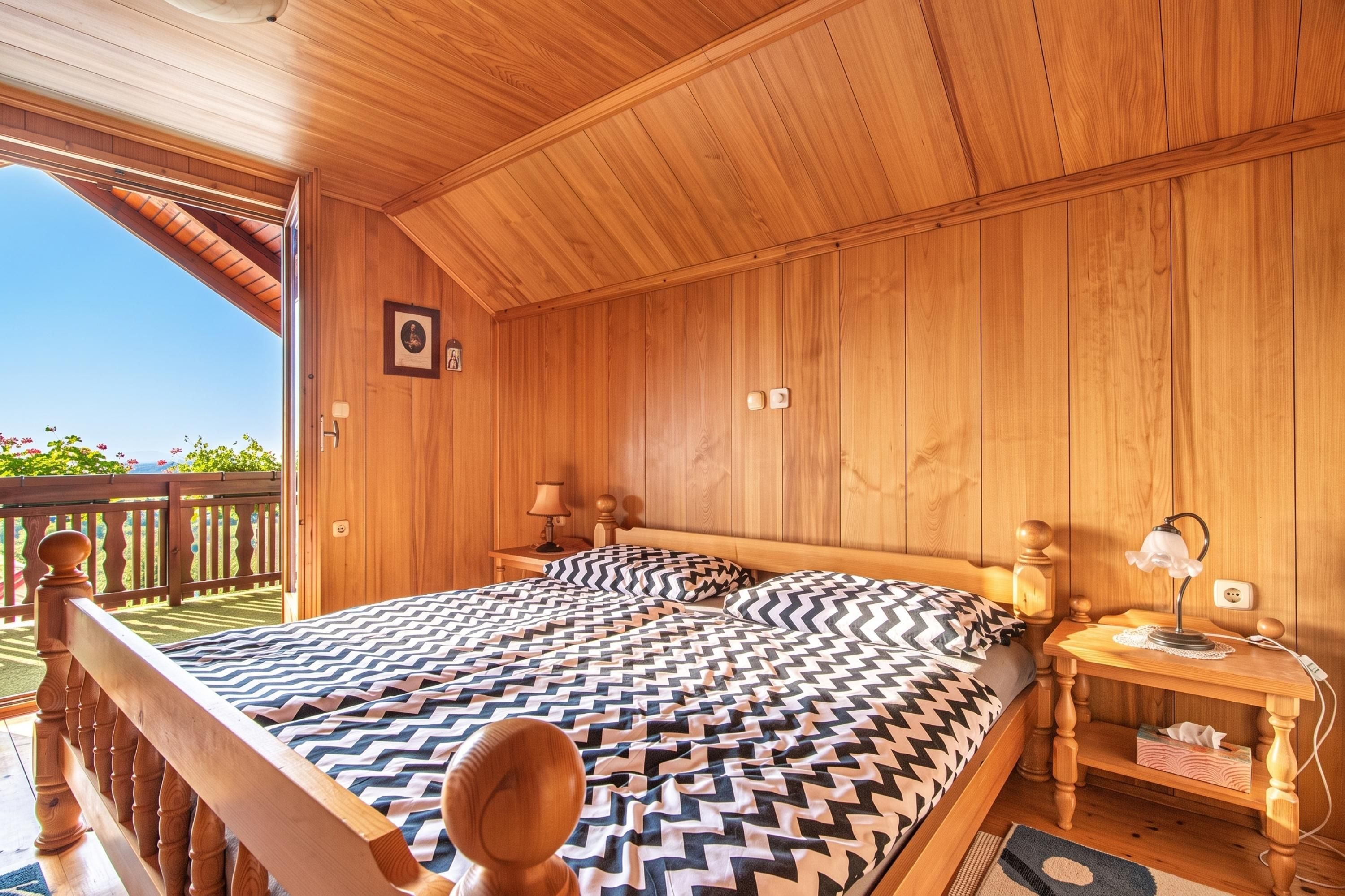 A wooden room with a bed, nightstands, and a view of the outdoors.