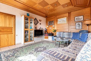 Una habitación con paneles de madera, un sofá, un televisor, un armario y una alfombra estampada.