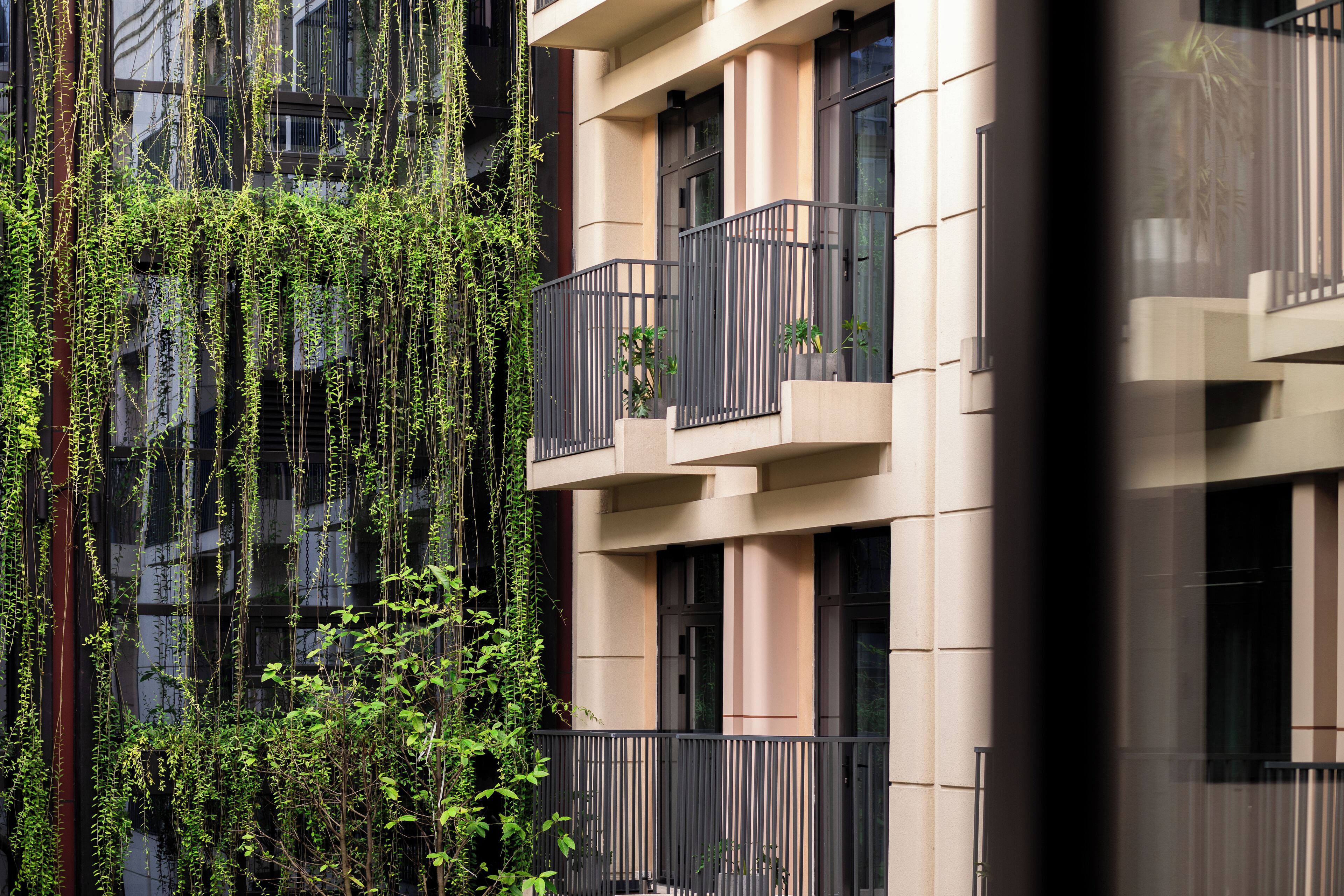 A multi-story building with balconies, some with plants.