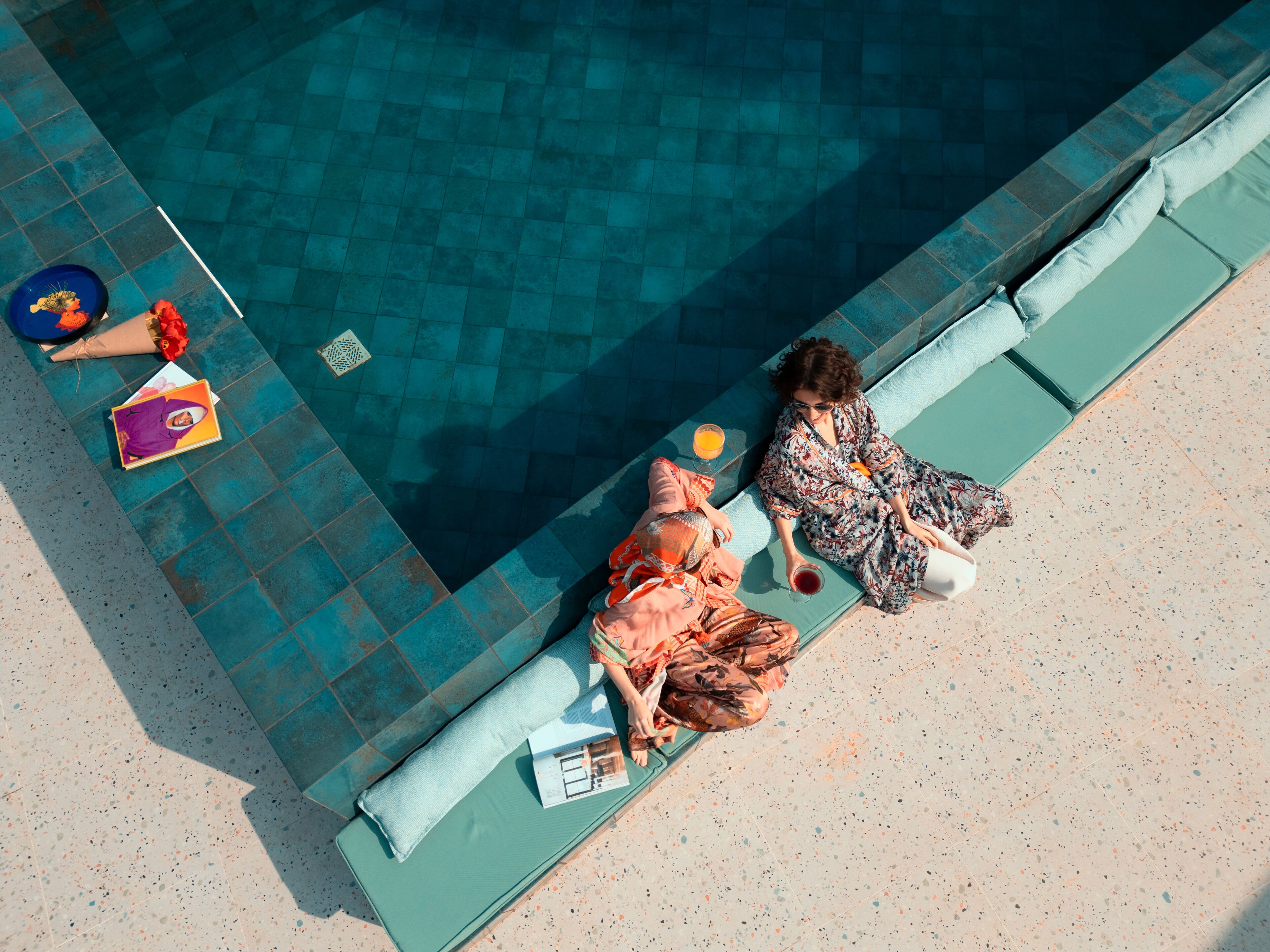 Seasonal outdoor pool, pool umbrellas, pool loungers