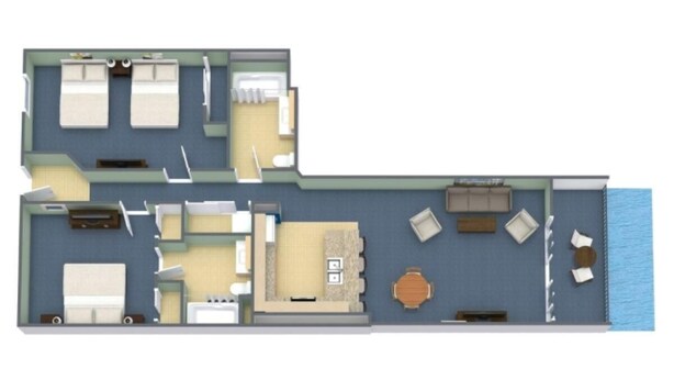 En plantegning af et hotelværelse med badeværelse, tekøkken, opholdsstue med sofa og spisebord, samt havudsigt.