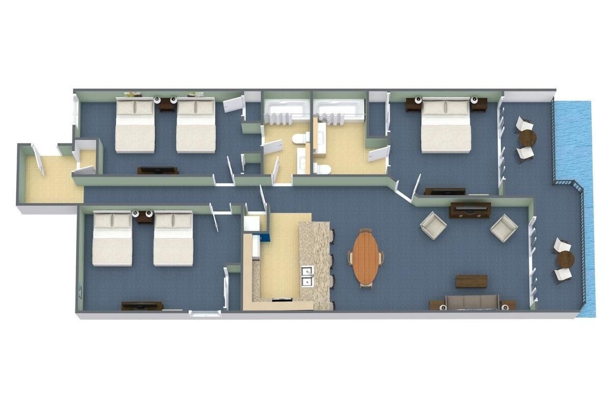 Planta de um hotel com vários quartos, sala de jantar, cozinha e área de piscina.