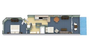 A floor plan of a hotel room with a bed, a desk, a chair, a small table, a sofa, a TV, and a window overlooking the sea. - Waves Edge Oceanfront King Deluxe Condo 9th Flr (Myrtle Beach)