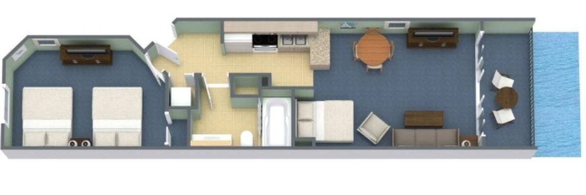 Plano de un cuarto de hotel con dos camas, kitchenette, comedor y baño.