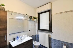 Bathtub, bidet, towels, shampoo