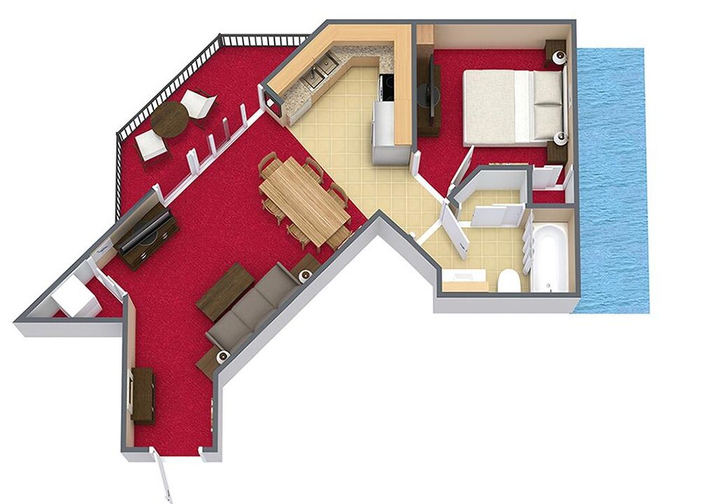 Un plan 3D d’une chambre d’hôtel, avec un tapis rouge, un coin repas, une salle de bain et une vue sur la mer.