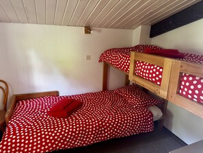 A bunk bed with red polka dot bedding, a wooden chair, and a white wall with a light switch.