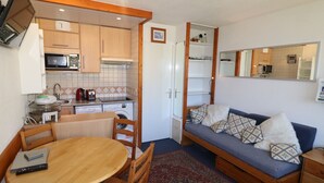 A compact living space with a kitchenette, a dining area, and a sofa.