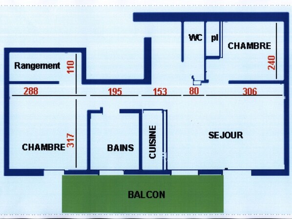 A hotel floor plan with a balcony, rooms labeled 'Rangement', 'CHAMBRE', 'BAINS', 'CUISINE', and 'SE JOUR'.