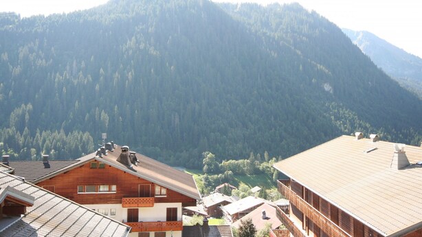 Eine Berglandschaft mit einem Holzhaus, das ein geneigtes Dach und mehrere Schornsteine hat.