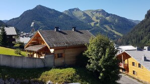 A wooden cabin with a sloped roof, surrounded by lush greenery and mountains in the background. - Châtel Apartment 2 rooms, 5 ppl, South Balcony, Parking (Châtel)