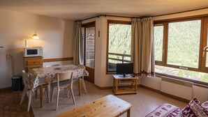 A cozy room with a wooden table, chairs, a TV on a stand, and a window with curtains.