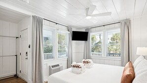 A hotel room with a bed, a flat-screen TV, a ceiling fan, and a window with a view of palm trees.