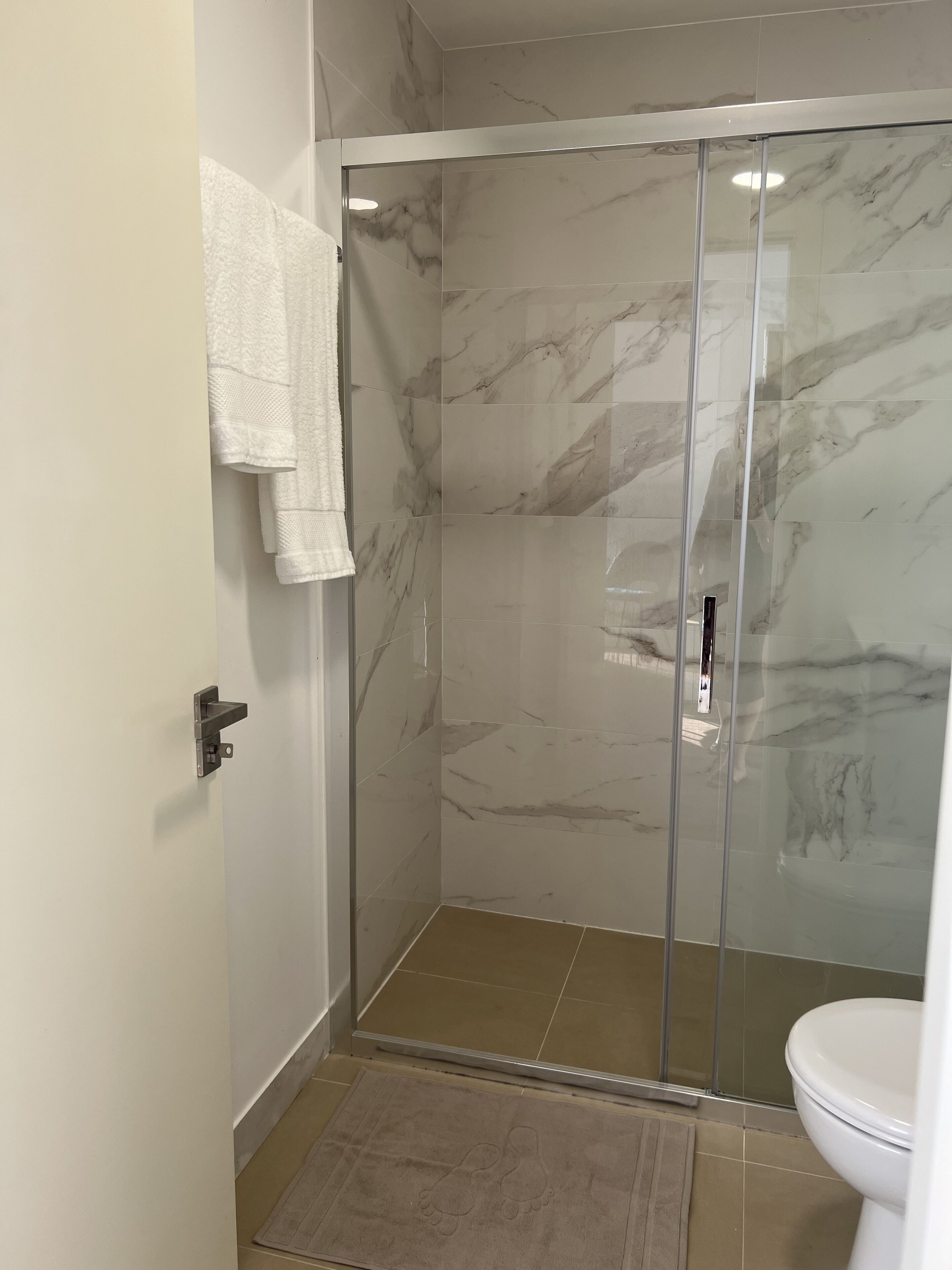 A glass-enclosed shower with a marble wall, a white toilet, and a towel hanging on the wall.