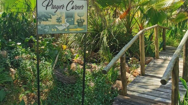 A wooden boardwalk leading to a sign labeled "Prayer Corner" surrounded by lush greenery and palm trees. - Deo Volente Country Estate  (Thabazimbi)
