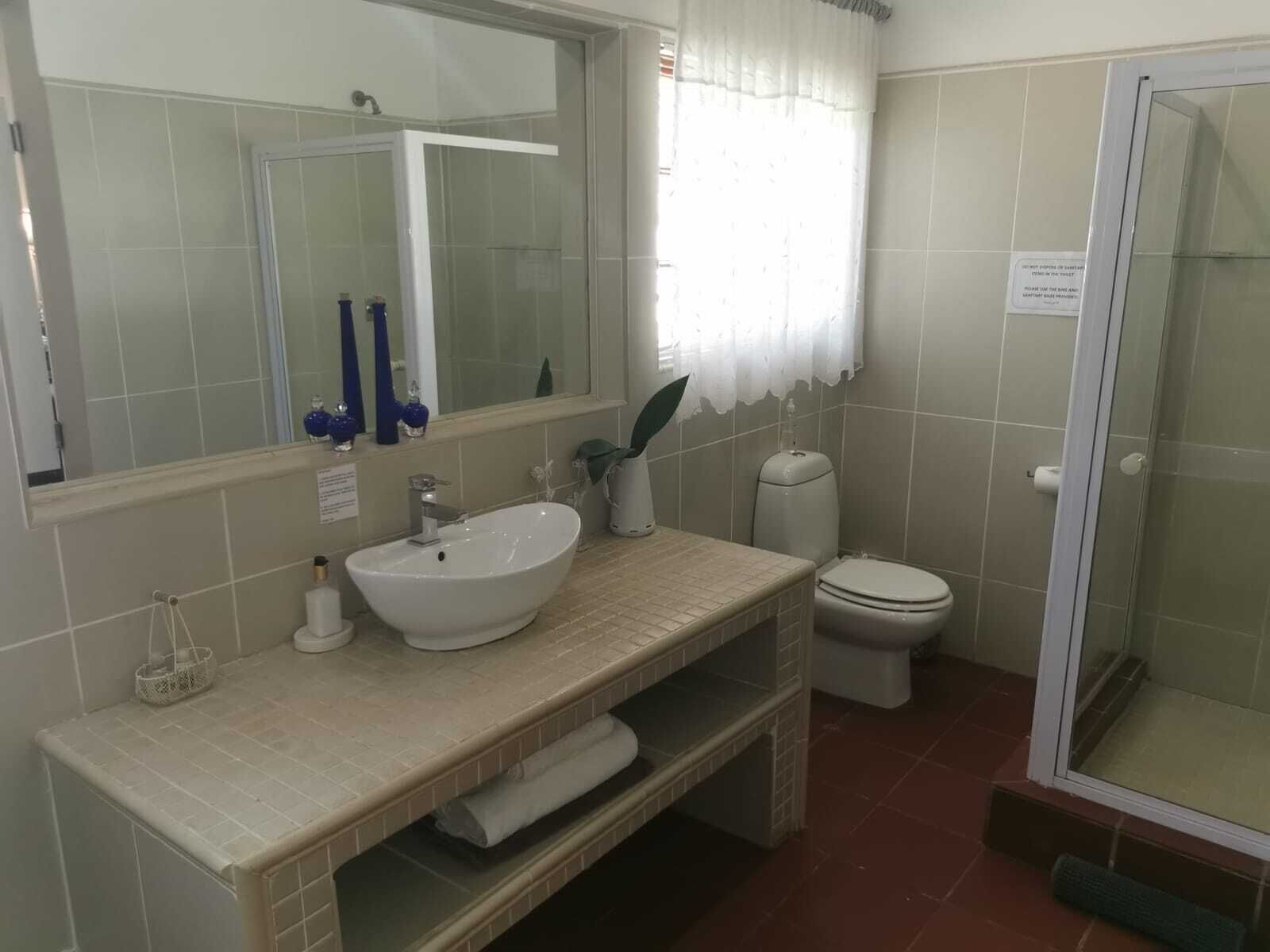 A bathroom with a sink, mirror, toilet, and shower.