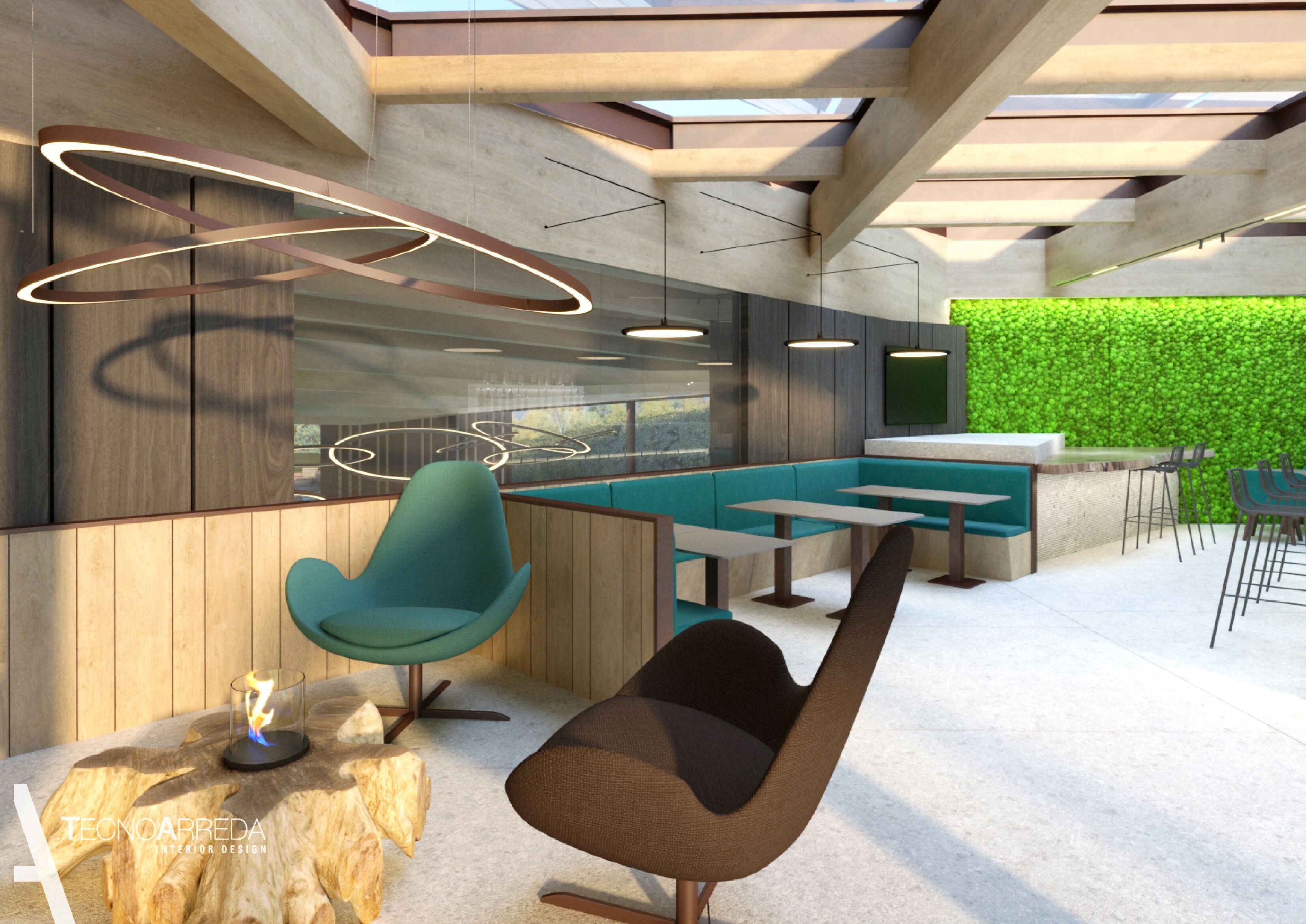 Un intérieur moderne avec un banc en bois, un fauteuil turquoise et un coin bar agrémenté d’un mur vert.