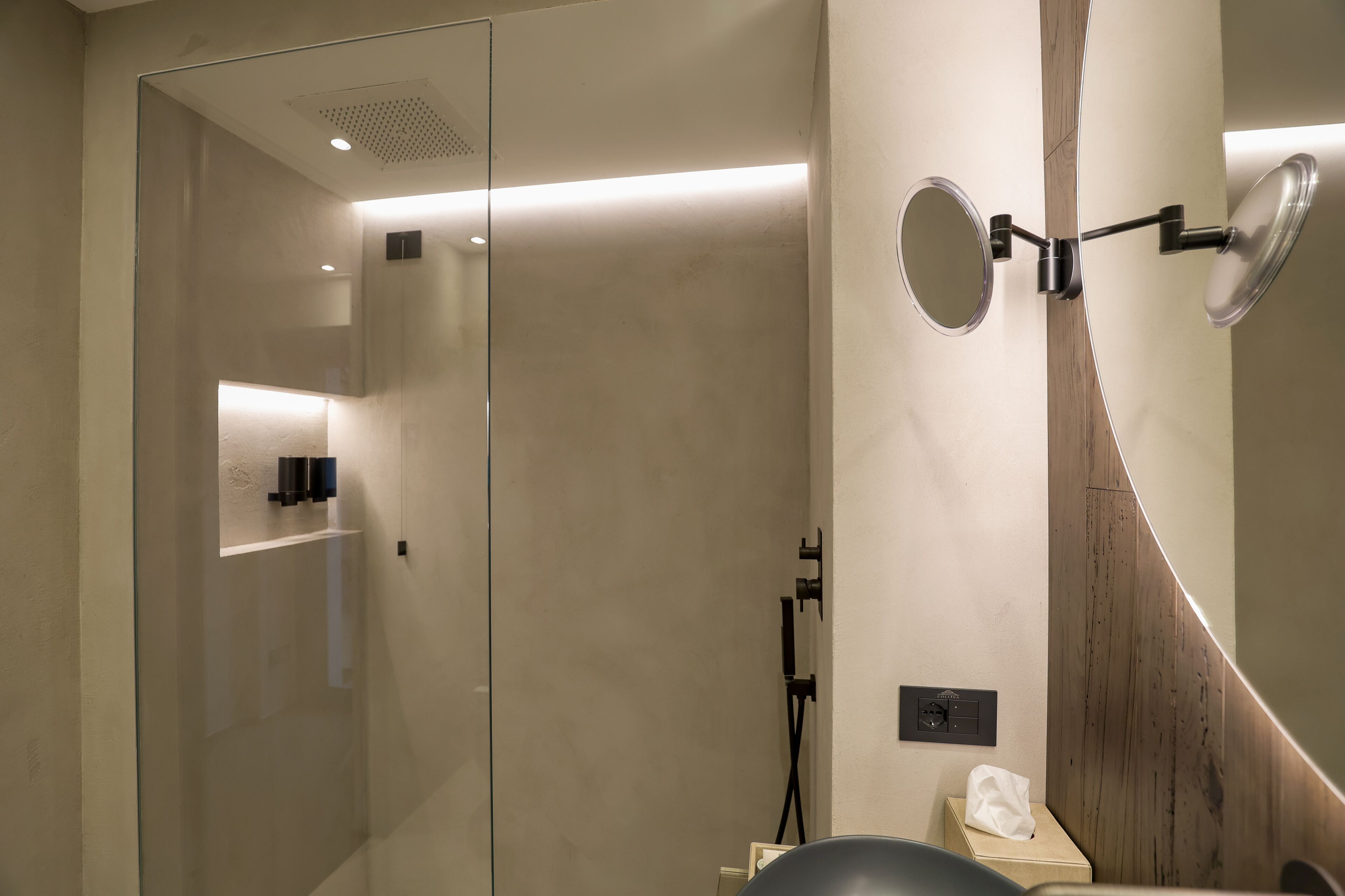 A modern bathroom with a glass shower enclosure, a wooden accent wall, and a mounted mirror.