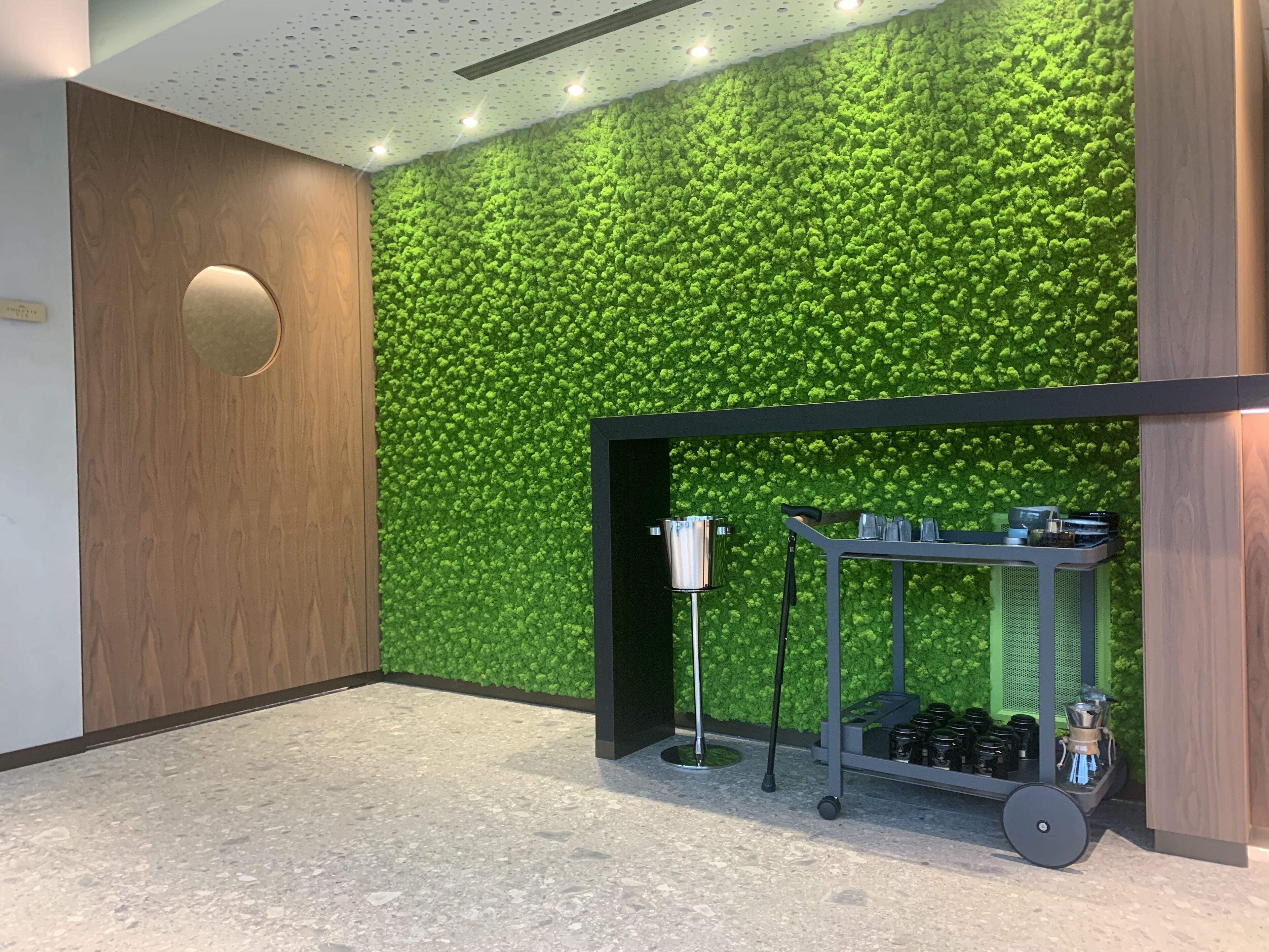 A modern interior with a green textured wall, a wooden door, and a cart with coffee equipment.