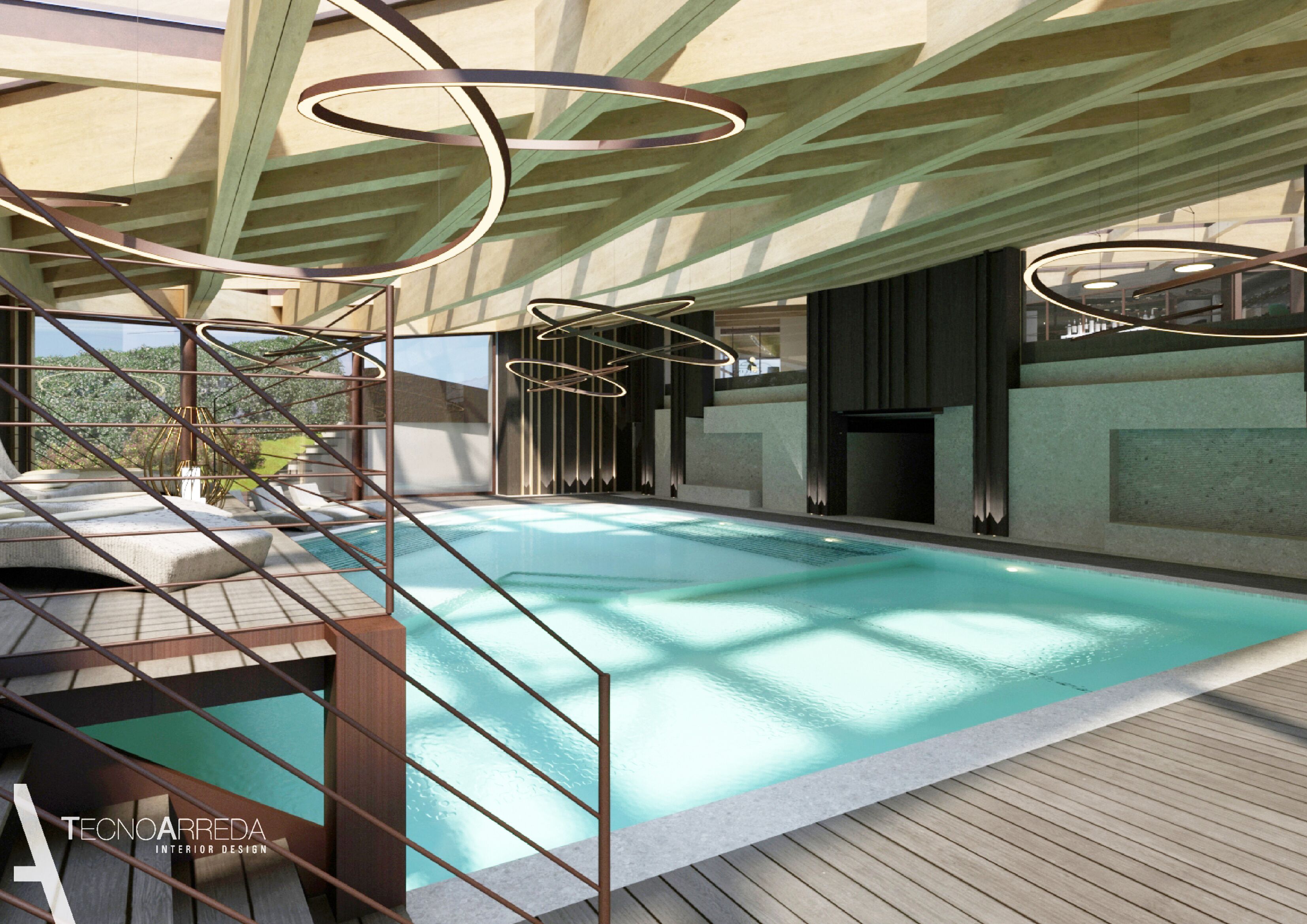 A modern indoor swimming pool with a wooden deck, metal railings, and a view of the outdoors.