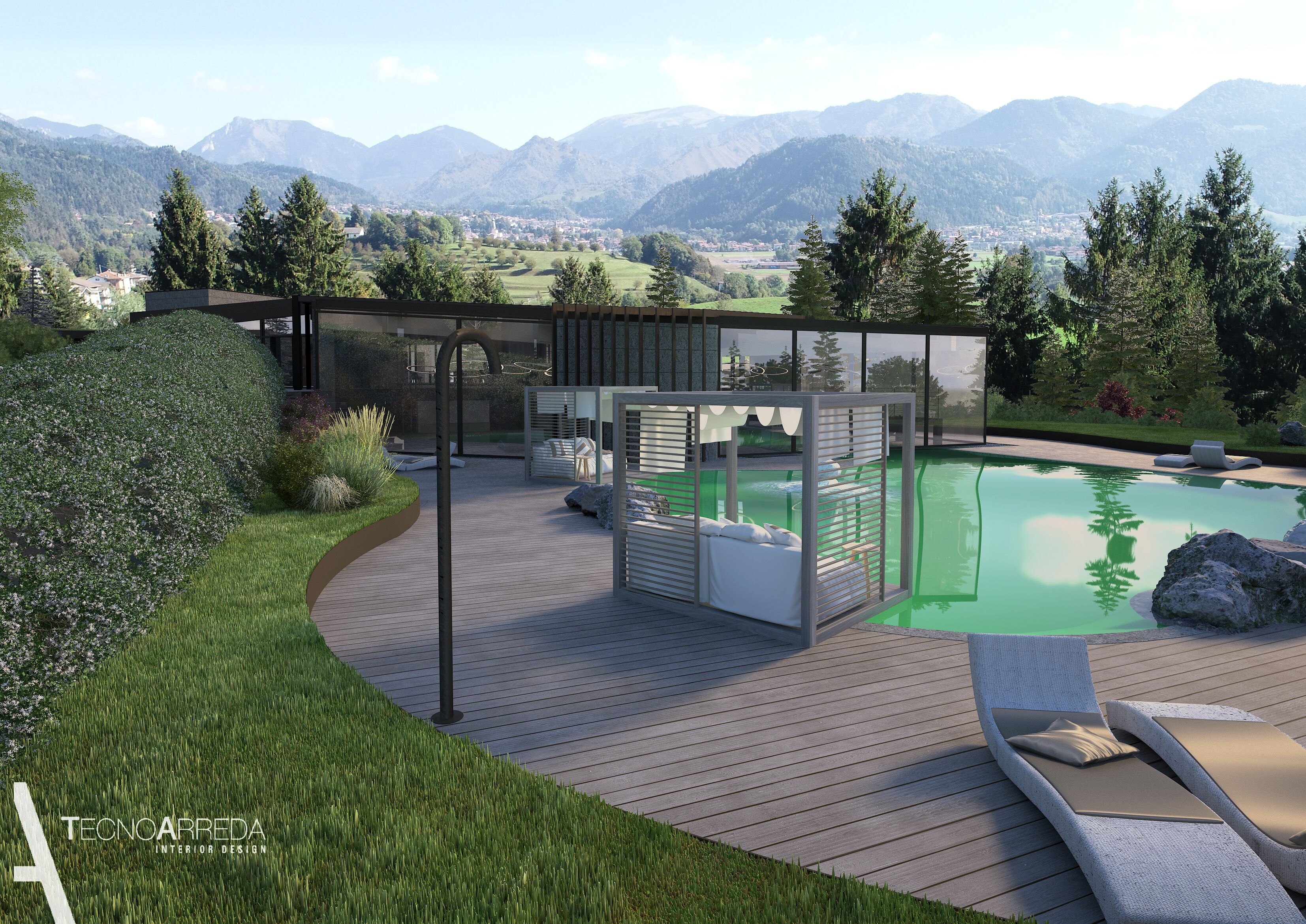 A modern outdoor pool area with lounge chairs and a covered seating area, surrounded by greenery and mountains in the background.